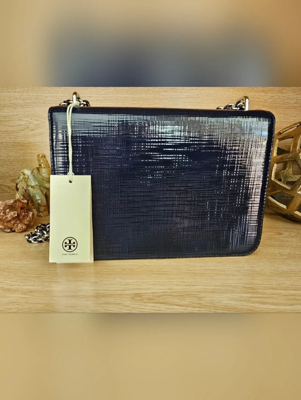 Tory Burch  Britten Textured Patent  Navy Leather Chain Crossbody